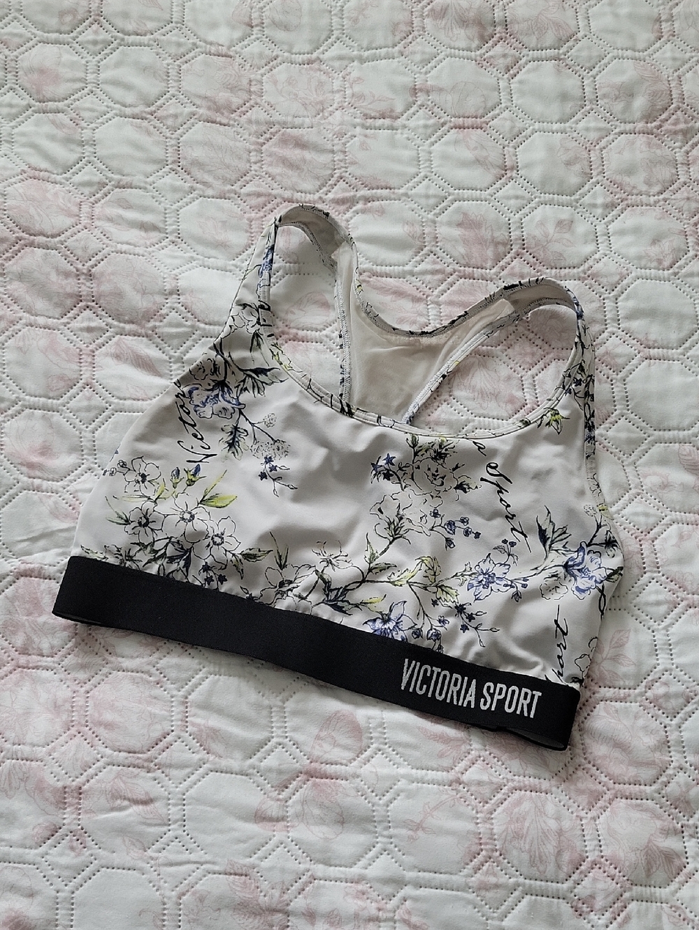 Victoria's Secret White Floral Sports Bra with Black Band